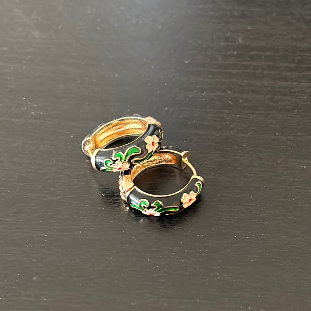 Floral Black and Gold Hoop Earrings